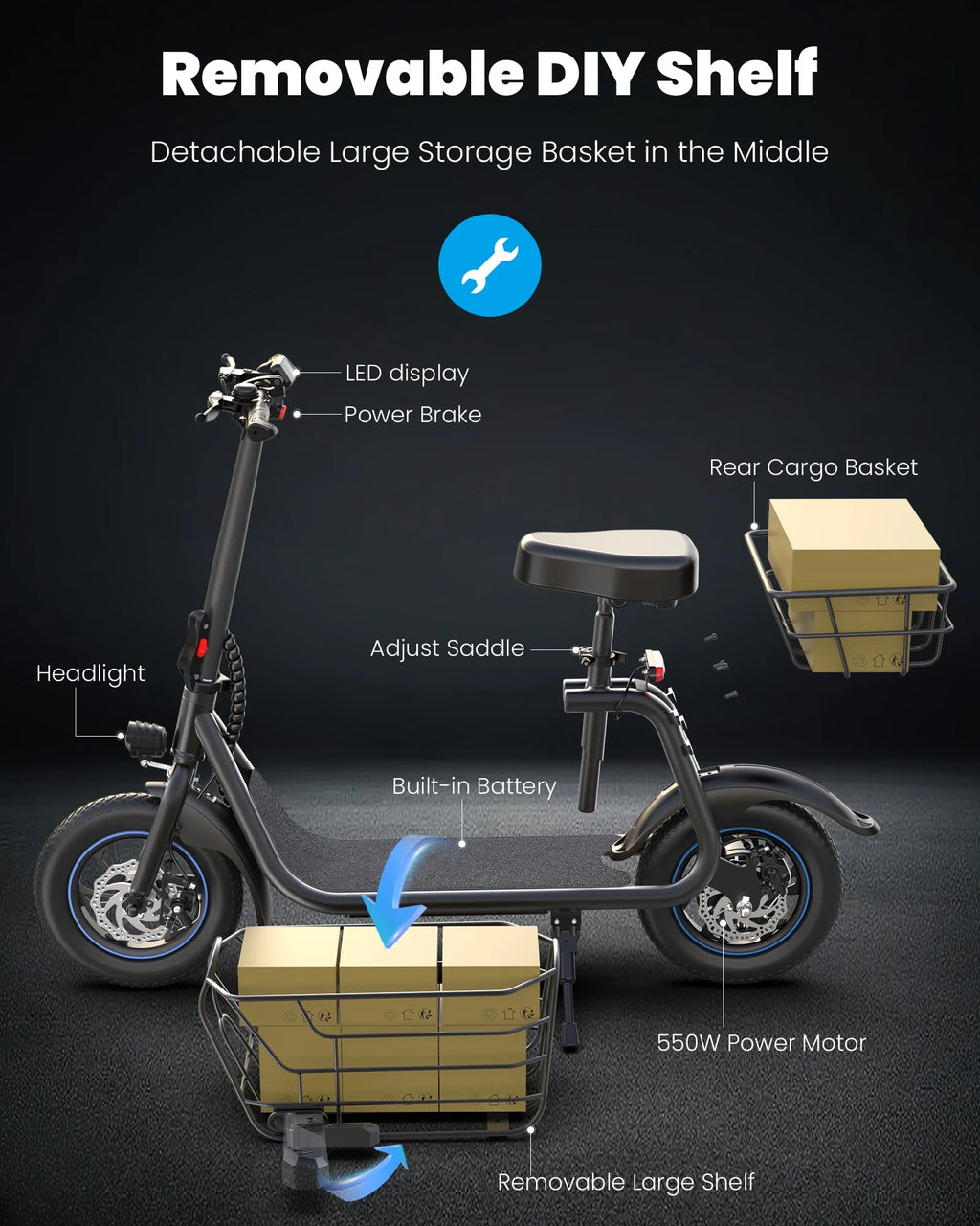 550W Electric Scooter with Seat, 12 inch, Front & Back Basket, up to 20 Miles 18.6MPH G47324