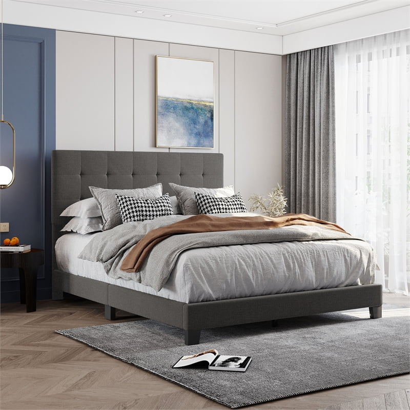 Gray Linen Fabric Queen Upholstered Platform Bed with Tufted Headboard C3963