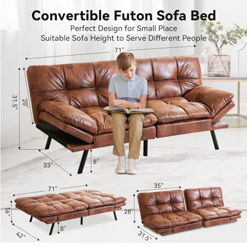 Faux Leather Memory Foam Convertible Sofa Bed, Brown B95149