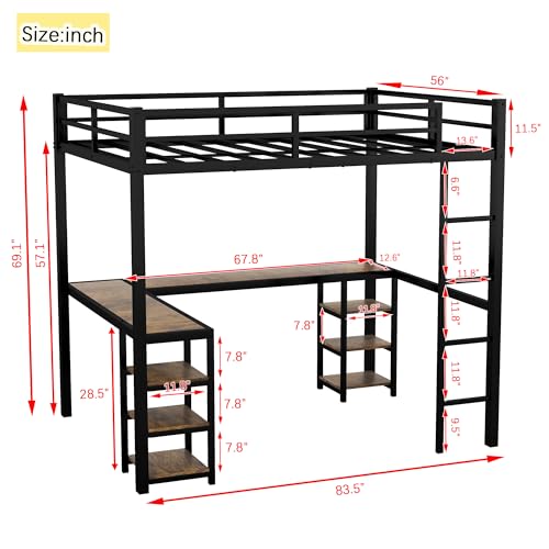 Full Size Metal Loft Bed with Desk and Storage Shelves P159729