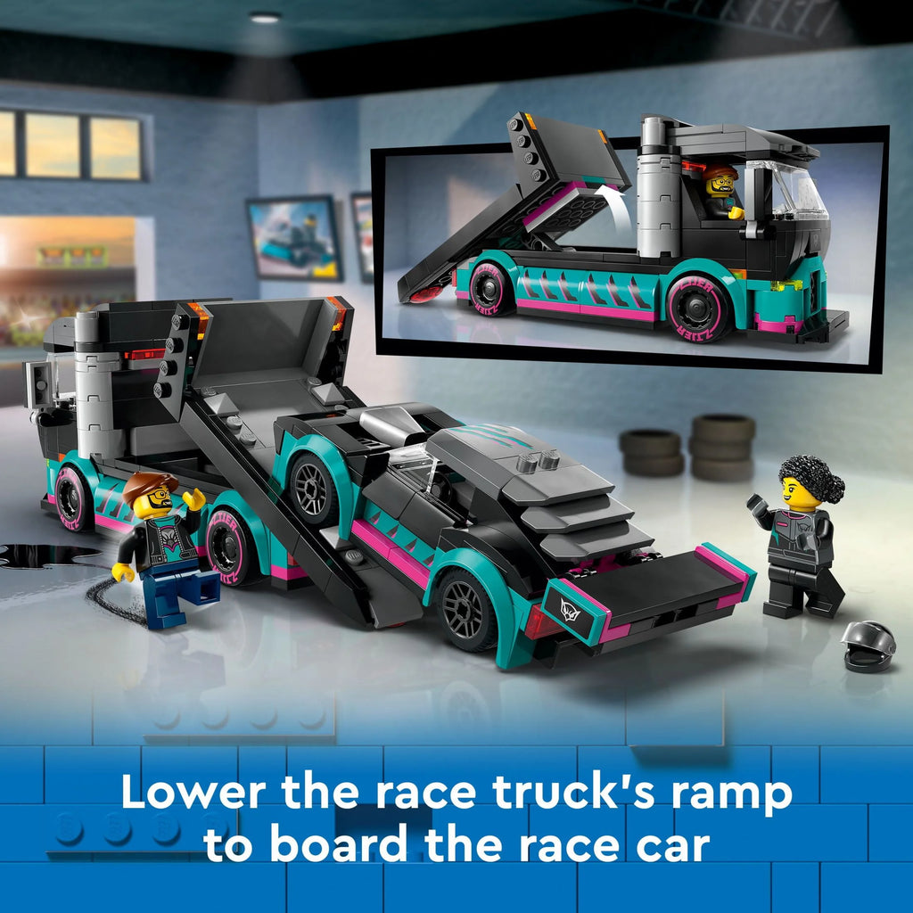 Race Car and Car Carrier Truck Toy Playset with Adjustable Loading Ramp and Race Car Toy M79333