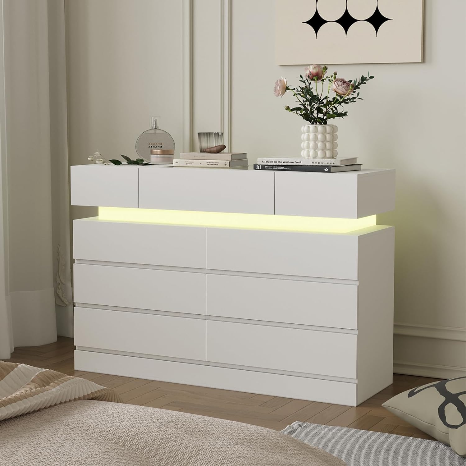 White 6 Drawer Dresser with LED Lights and Glass Top L7607