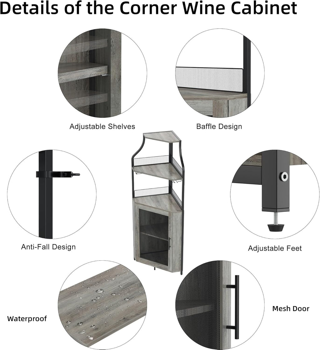 Corner Wine Cabinet with Detachable Wine Rack and Glass Holder, Grey N794