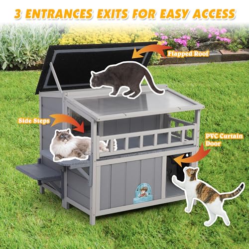 2-Tier Warm Wood Cat Shelter with Sunlight Roof M426555