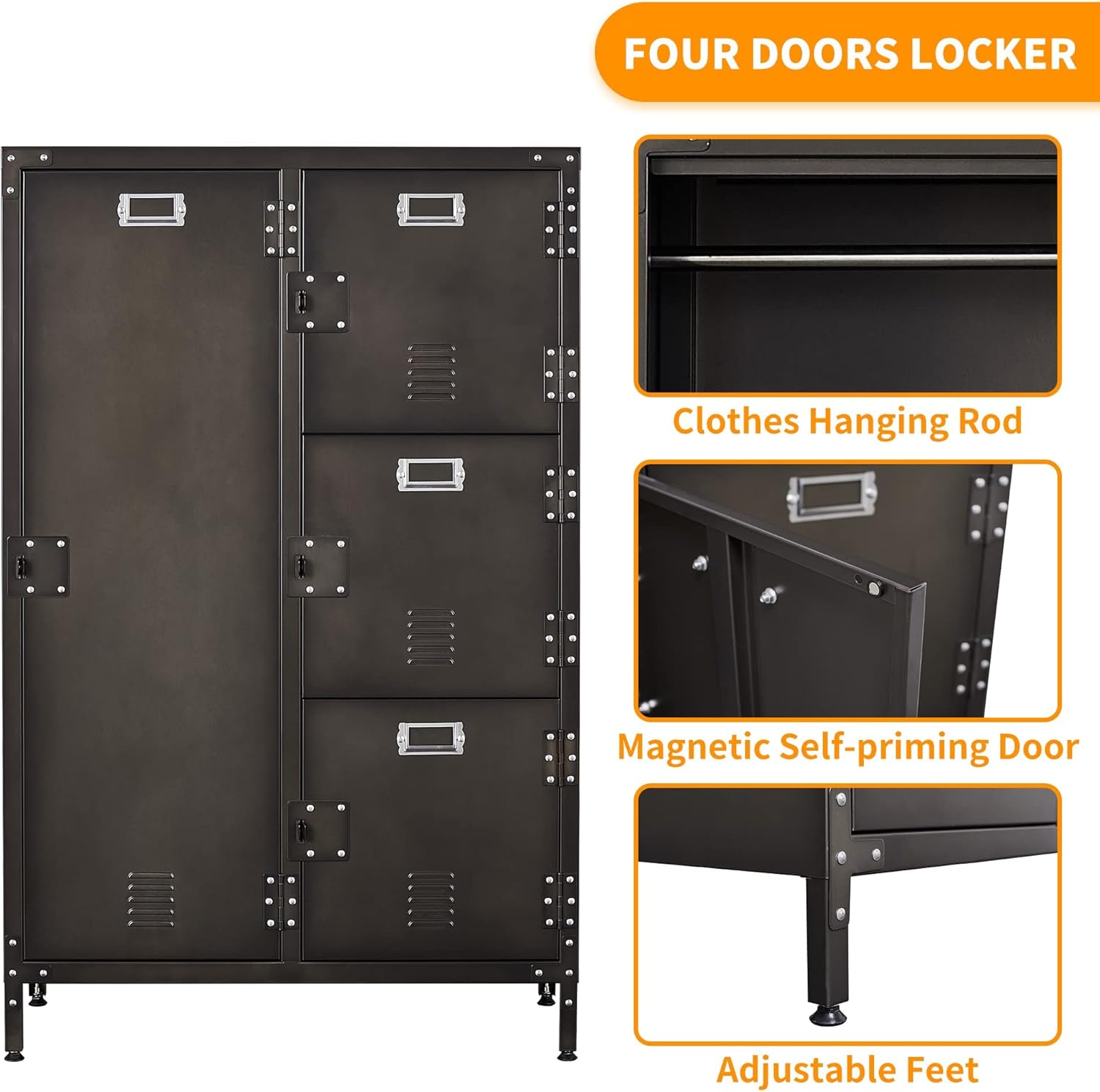 Metal Locker Storage Cabinet, 55" Steel Retro Wardrobe, 4 Doors Lockable R955
