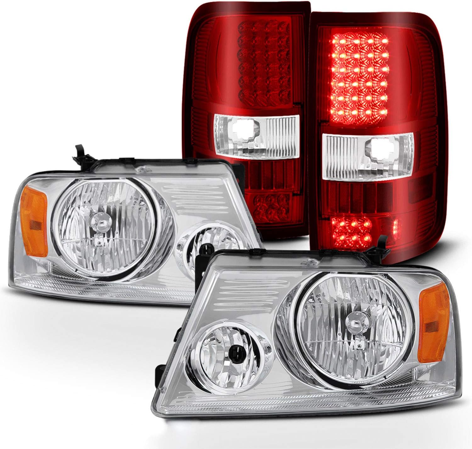 Chrome Headlights and Red Clear Tail Brake Lights Pair J8830