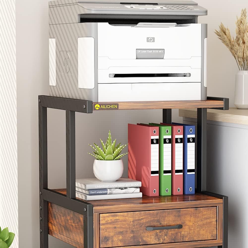 3-Tier Printer Stand with Drawers Record Player Stand End Table Storage Cabinet Printer Rack with Wheels Rolling Filing Cabinet Printer Cart U57831