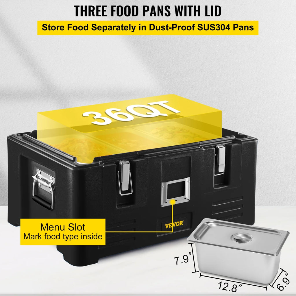 Black 36Qt Insulated Food Pan Carrier with 3 Stainless Steel Pans A420555