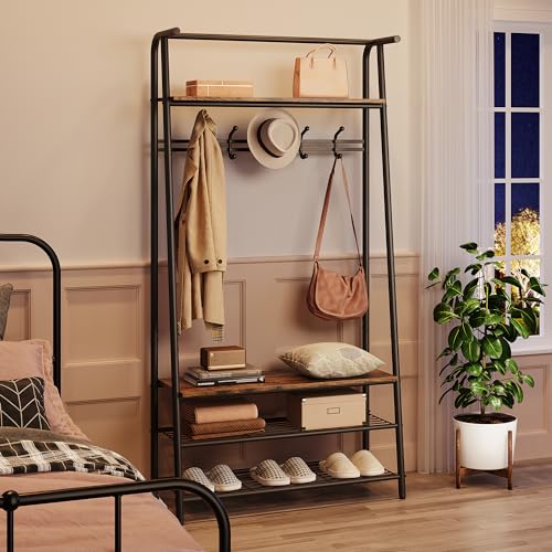 Coat Rack Shoe Bench with 5 Hooks, Wood Look Accent Furniture with Metal Frame R96784