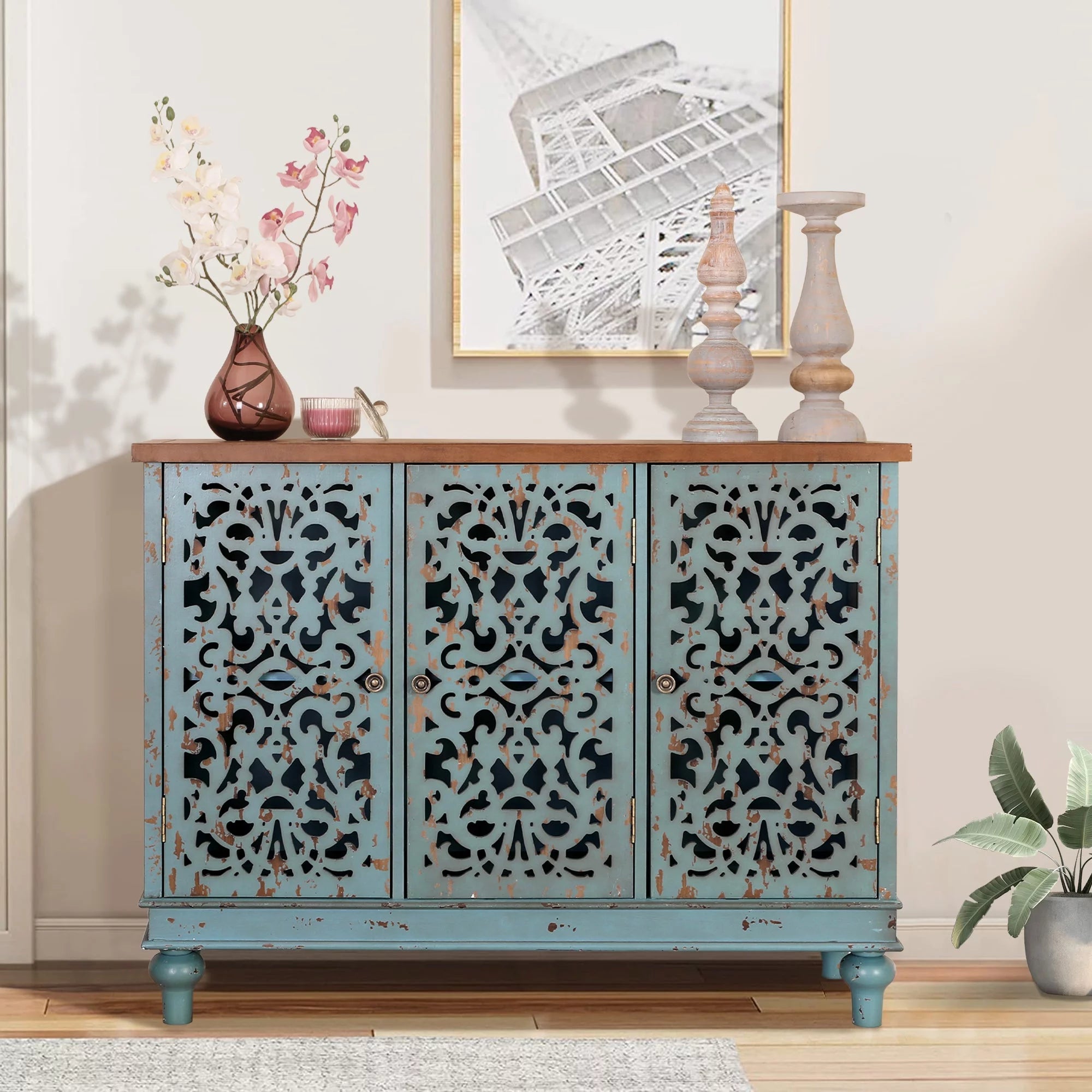 Blue 3-Door Sideboard Accent Cabinet E62675