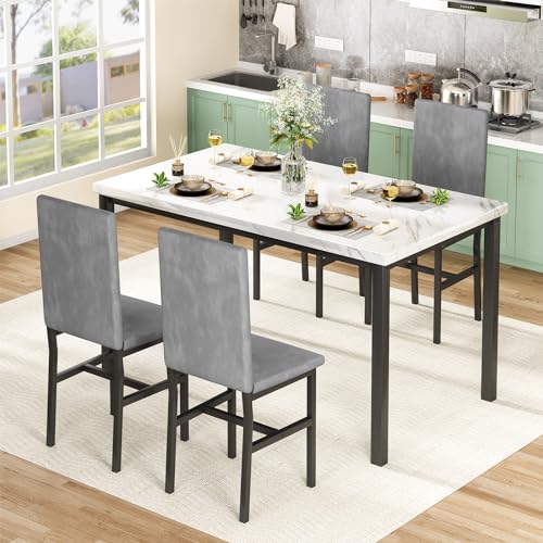 Dining Table Set for 4 with Faux Marble Tabletop and 4 PU Leather Chairs I915