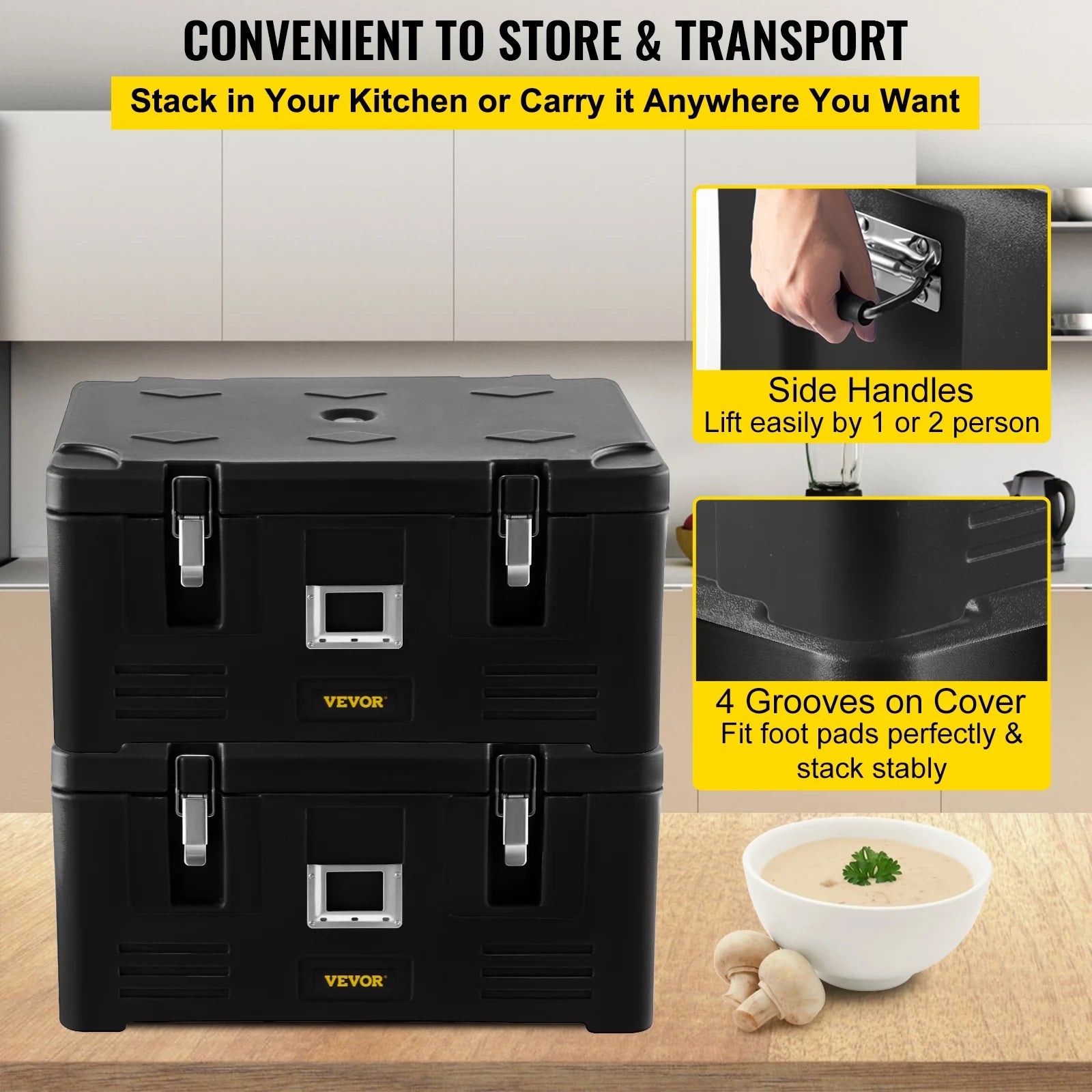 Black 36Qt Insulated Food Pan Carrier with 3 Stainless Steel Pans A420555