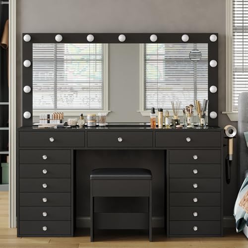 Black Vanity Desk with Lighted Mirror and Chair P75026