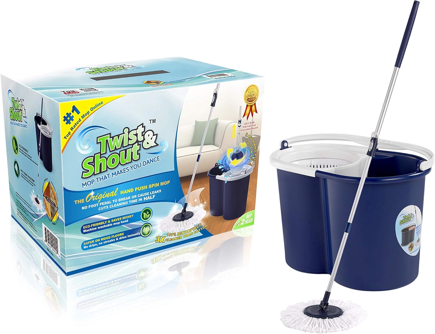 Hand Push Spin Mop with 2 Microfiber Mopheads O1387