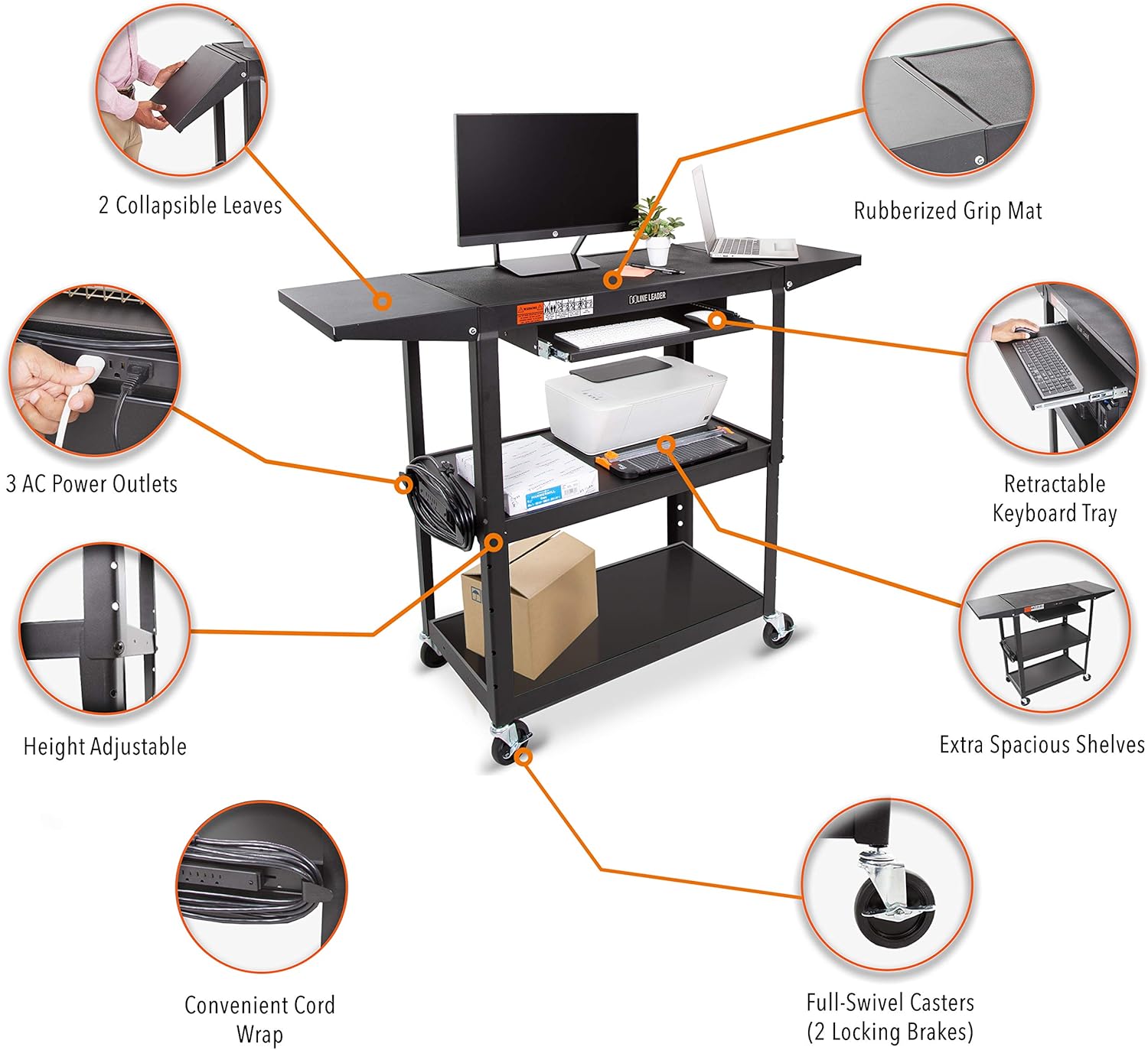 Large AV Cart with Drop Leaves, Height Adjustable, 54in x 18in x 42in Black S26410