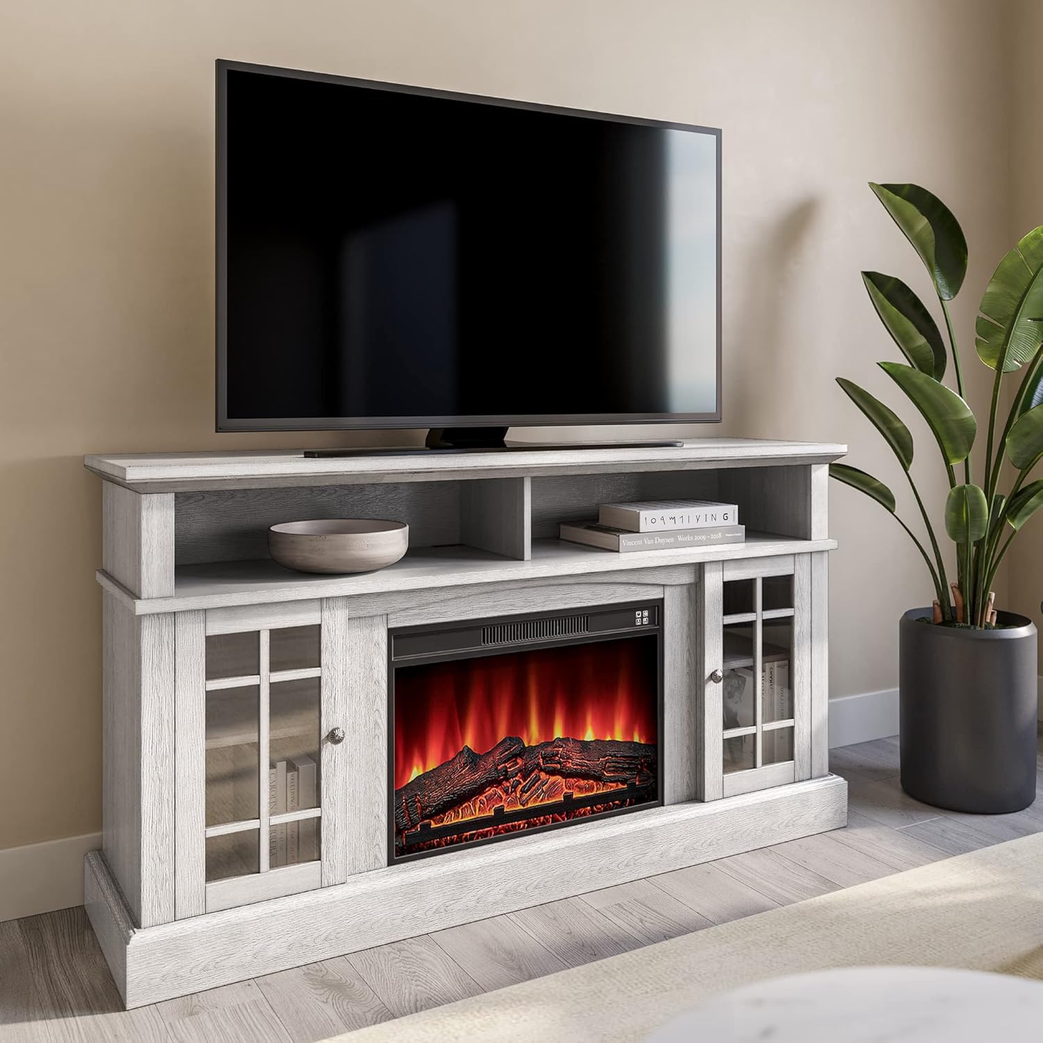 Espresso 58 Inch Electric Fireplace TV Stand with Storage Shelves and Cabinets J923849