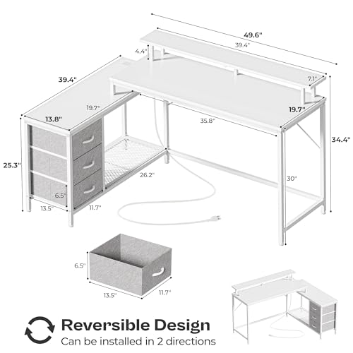 Reversible L Shaped Computer Desk with Drawers, LED Lights, Power Outlets, Black F94143