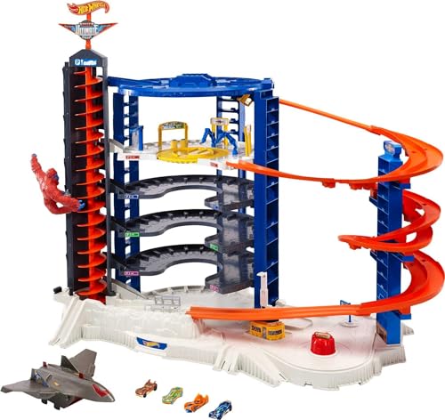 Hot Wheels Toy Car Track Set & 4 1:64 Scale Cars J965