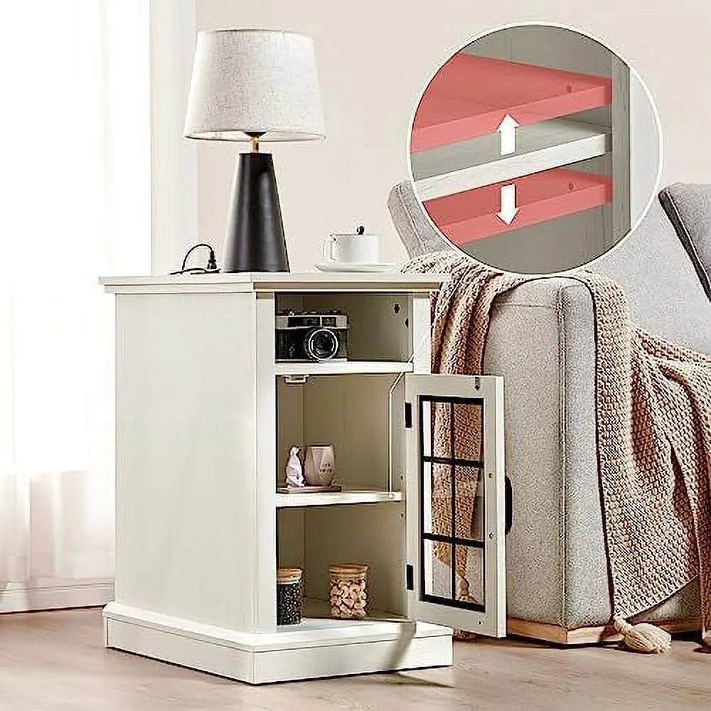 Distressed White End Table with Glass Door A793