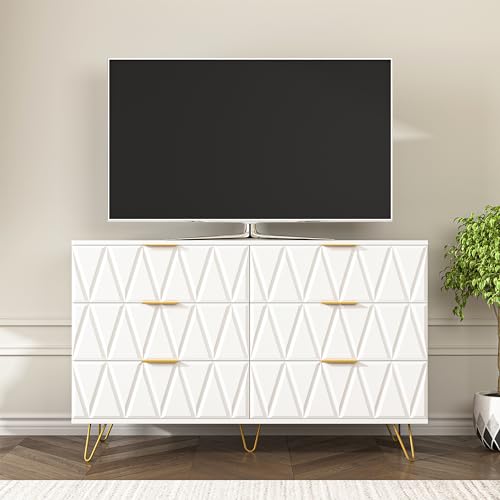 White 6 Drawer Wood Dresser with Gold Handles U1417