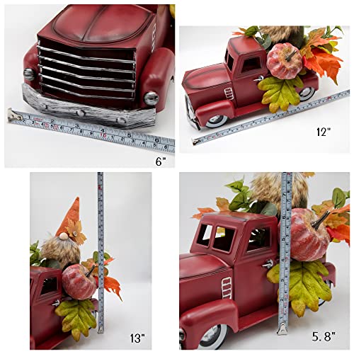 Vintage Turquoise Metal Truck with Gnomes Pumpkin Maple Leaf Farmhouse Table Top Fall Decor, 12 inch Q256
