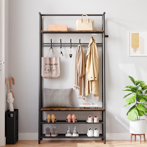 Coat Rack Shoe Bench with 5 Hooks, Wood Look Accent Furniture with Metal Frame R96784