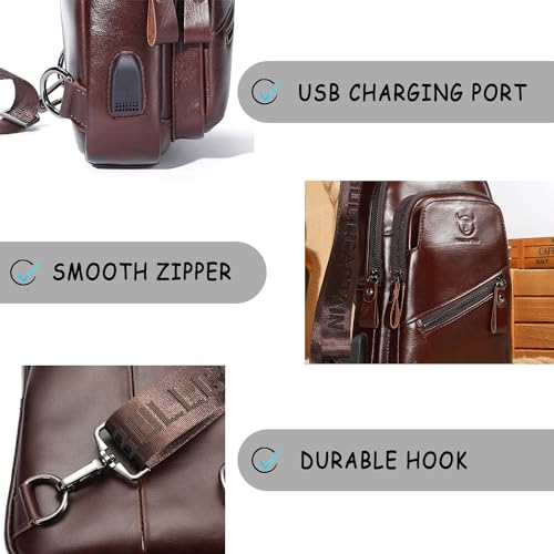 Leather Sling Bag with USB Charging Port Chest Bag Shoulder Bag Crossbody Daypack Backpack Q917