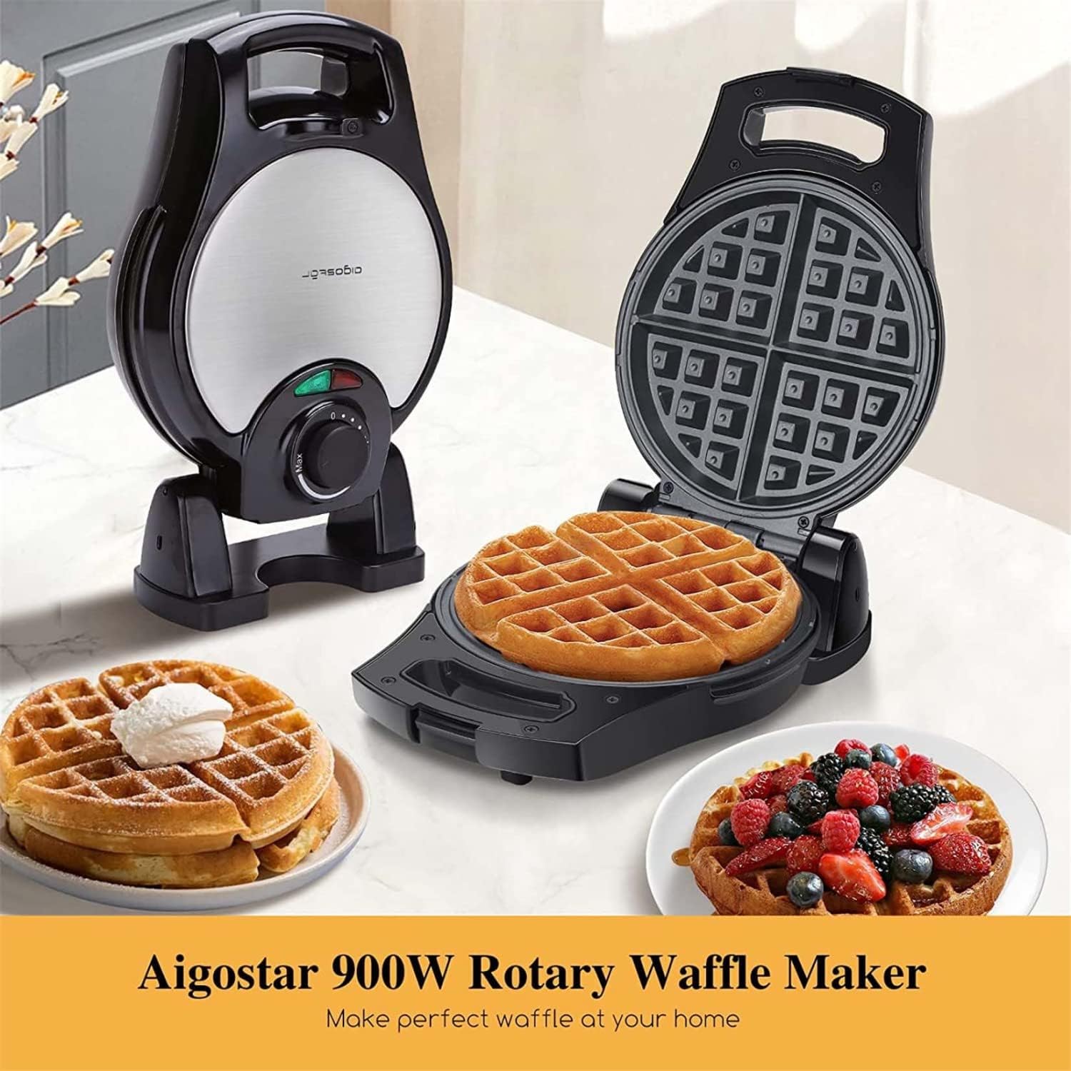 Belgian Waffle Maker 1.2" 8 Inch Flip Non Stick Panini Press Sandwich Maker Q629348