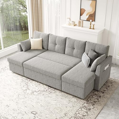 Oversized 110 inch 2 in 1 Pullout Sleeper Sofa Couch with Double Storage Chaise, Dark Grey O693024