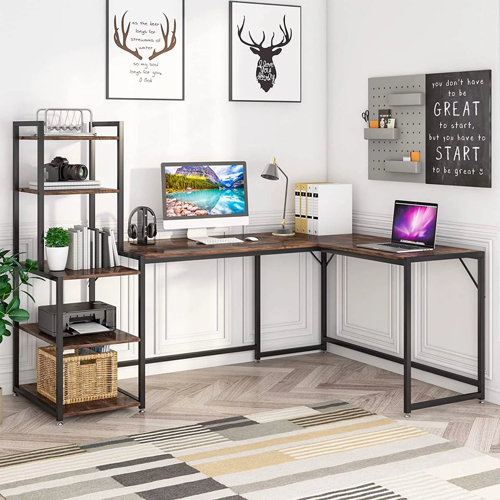 79" Reversible L-Shaped Desk with 5 Tier Storage Shelves L395717