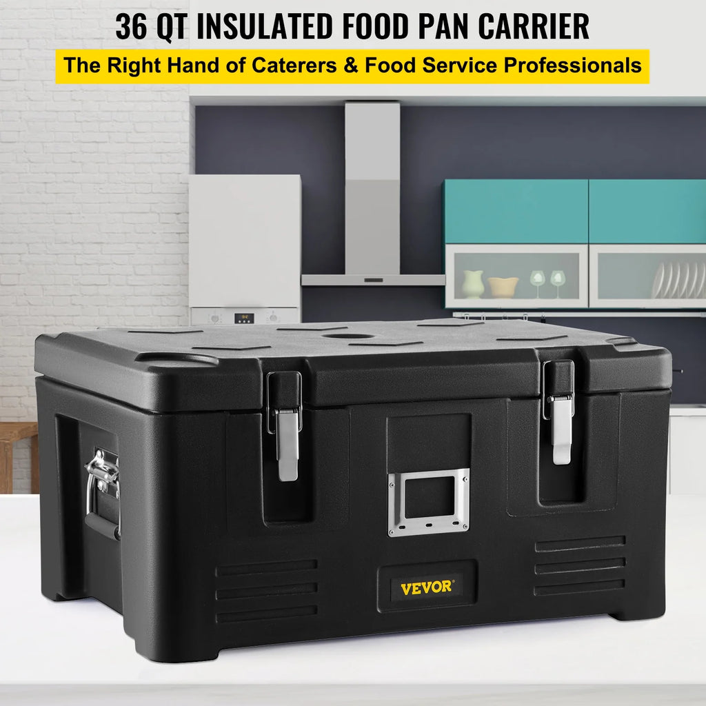 Black 36Qt Insulated Food Pan Carrier with 3 Stainless Steel Pans A420555