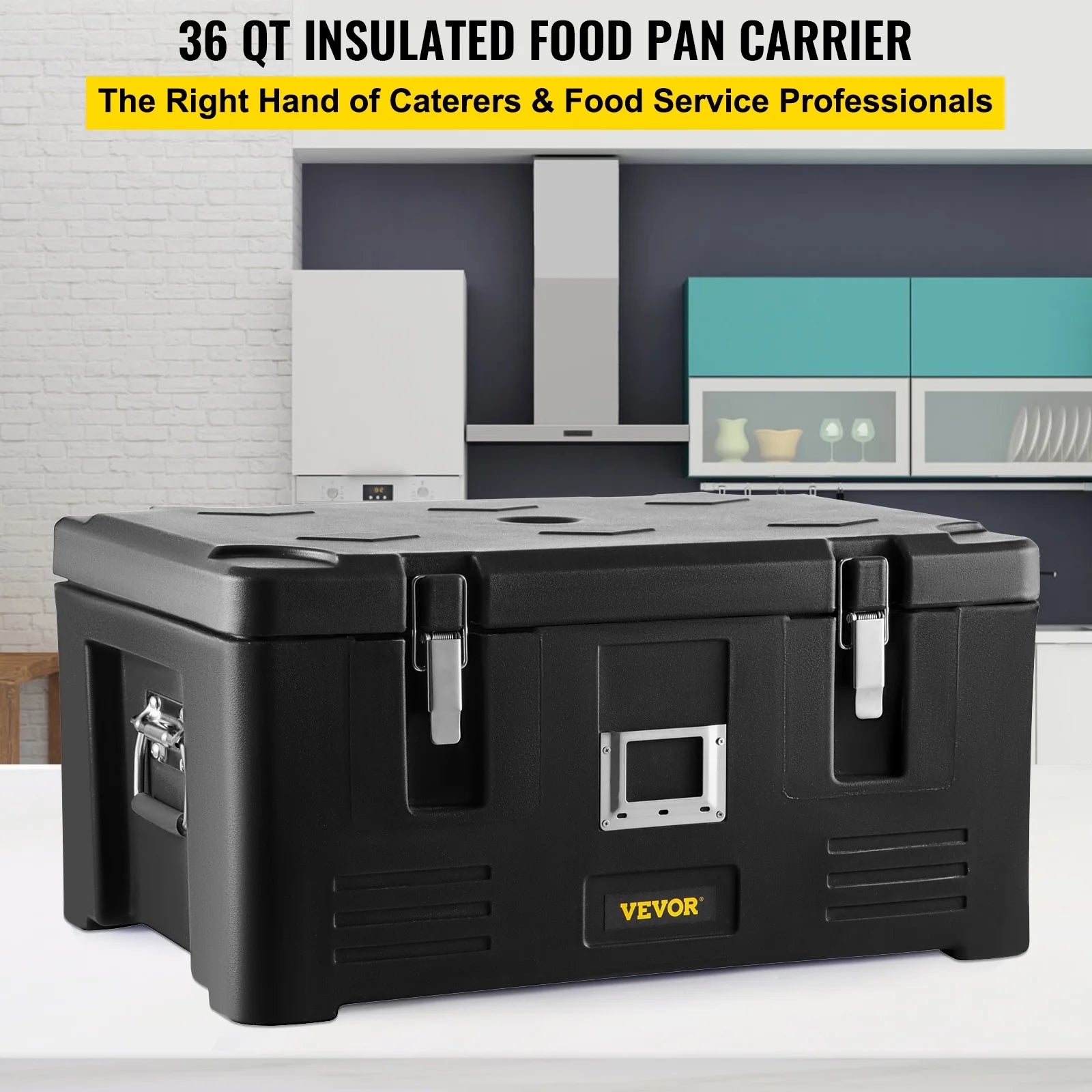 Black 36Qt Insulated Food Pan Carrier with 3 Stainless Steel Pans A420555