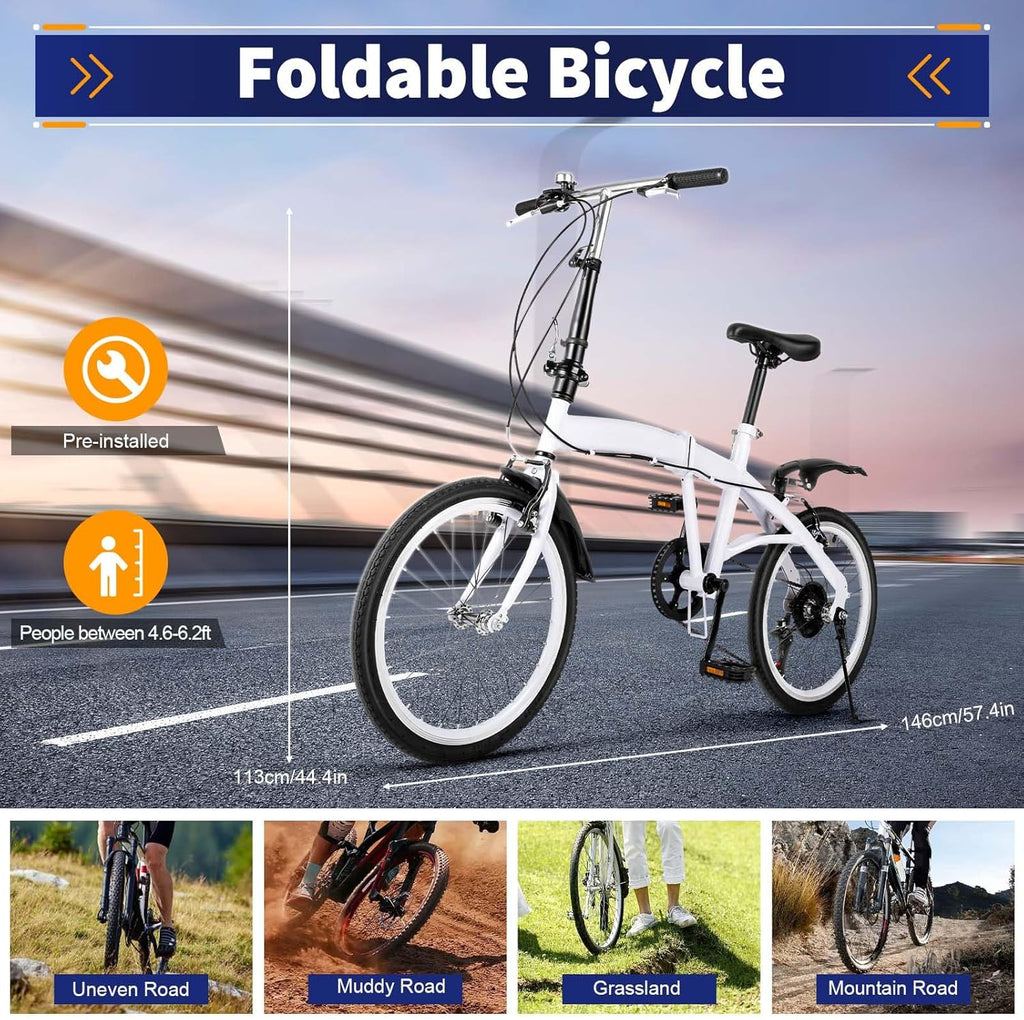 20" Folding Kids Bike 6 Speed High-Carbon Steel MTB Bicycle with Fenders, Height Adjustable Max Weight 90KG Dual Disc Brake Non-Slip E424524