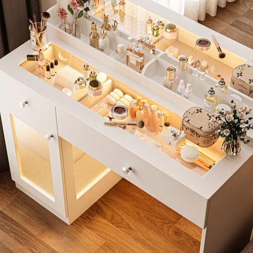 White 39.4'' Glass Top Makeup Vanity with Large Mirror and Lights J64853