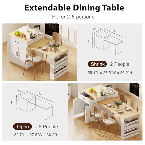 White Oak Kitchen Island with Extendable Dining Table and Storage L9100