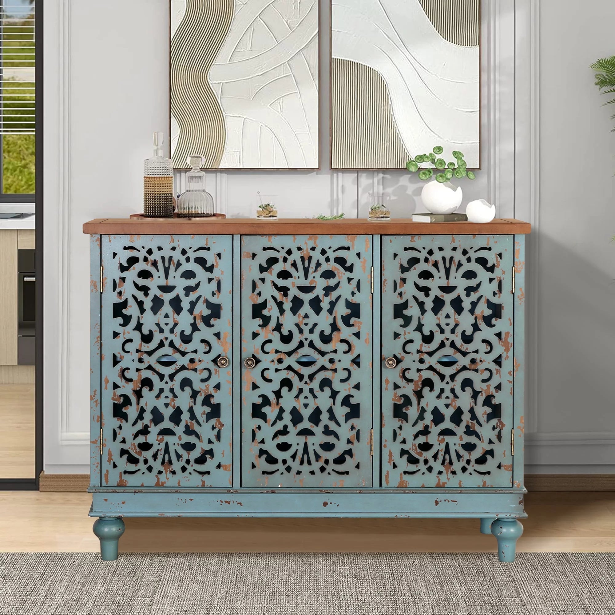 Blue 3-Door Sideboard Accent Cabinet E62675