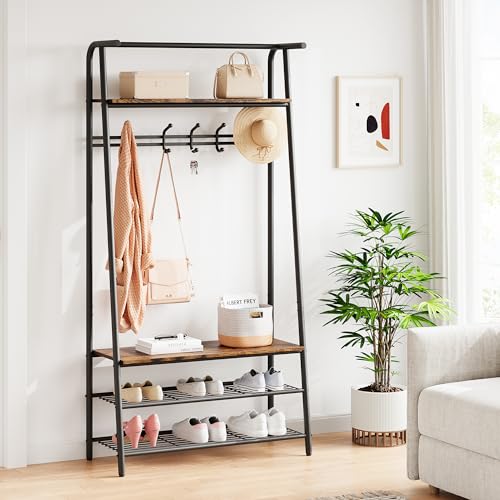 Coat Rack Shoe Bench with 5 Hooks, Wood Look Accent Furniture with Metal Frame R96784