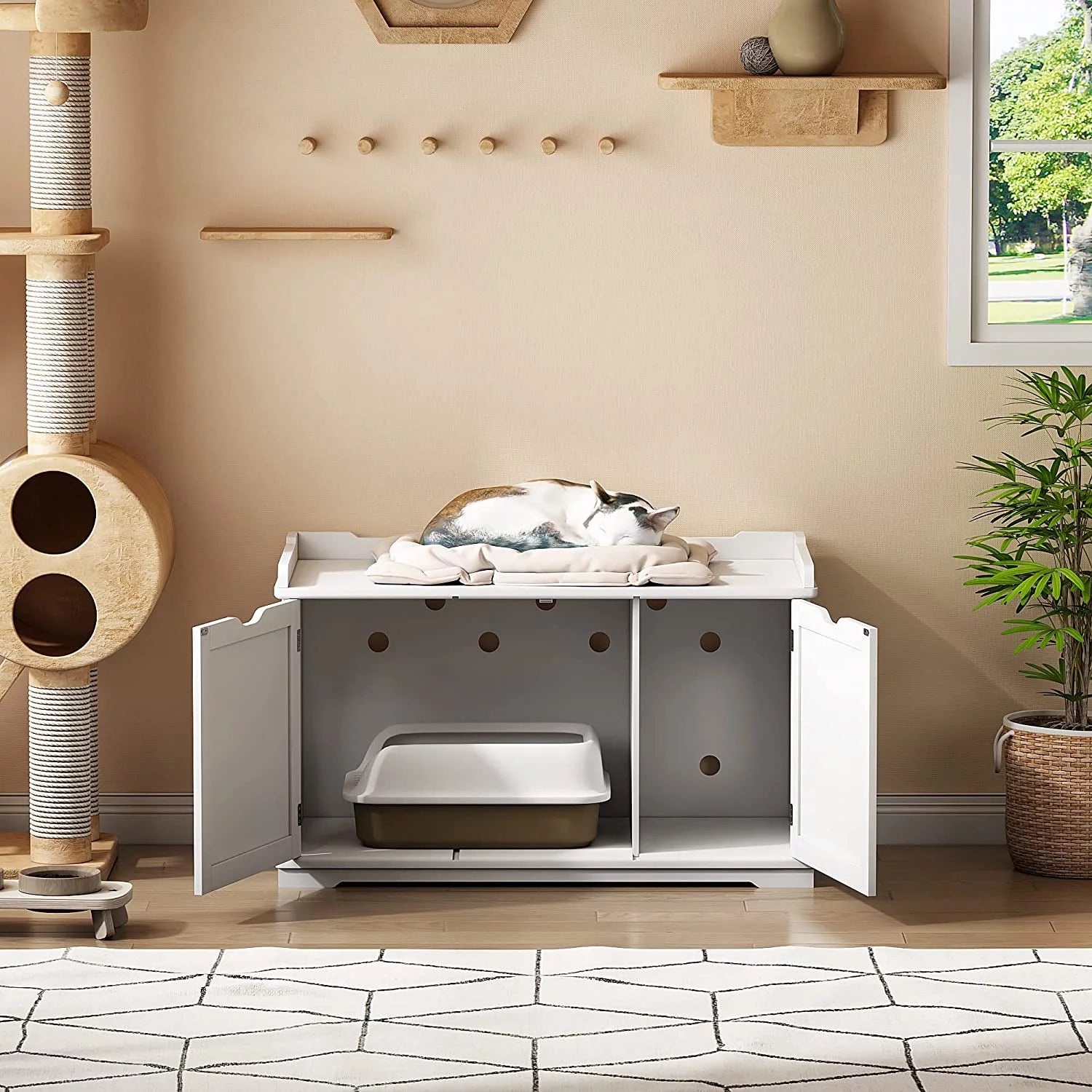 White Cat Litter Box Enclosure Storage Bench Furniture Z5469
