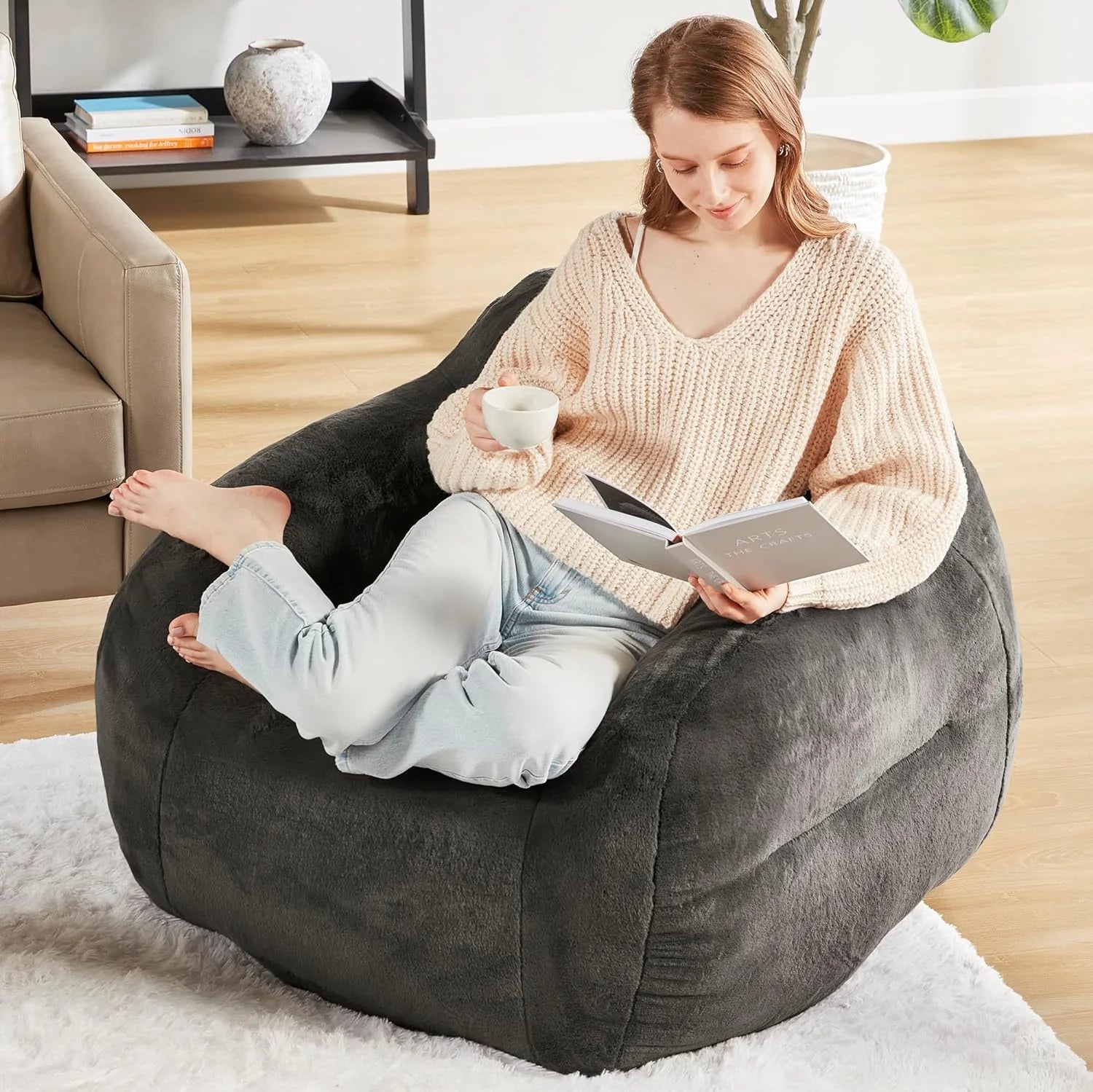 Grey Faux Fur Bean Bag Chair with Memory Foam Filler Q86125