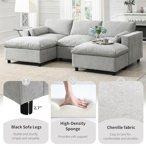 86.5" Grey Chenille U-Shaped Sectional Sofa with Storage Pockets C67649
