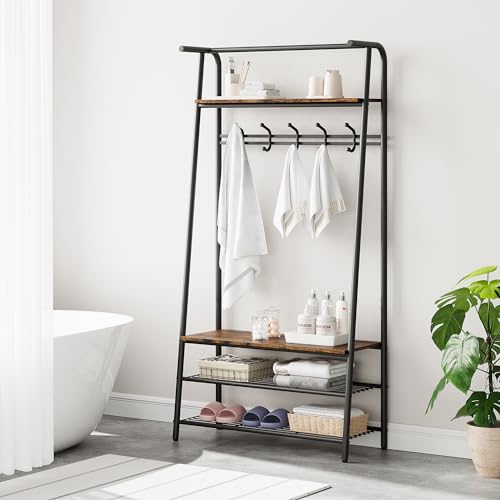 Coat Rack Shoe Bench with 5 Hooks, Wood Look Accent Furniture with Metal Frame R96784