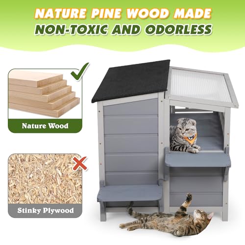 2-Tier Warm Wood Cat Shelter with Sunlight Roof M426555