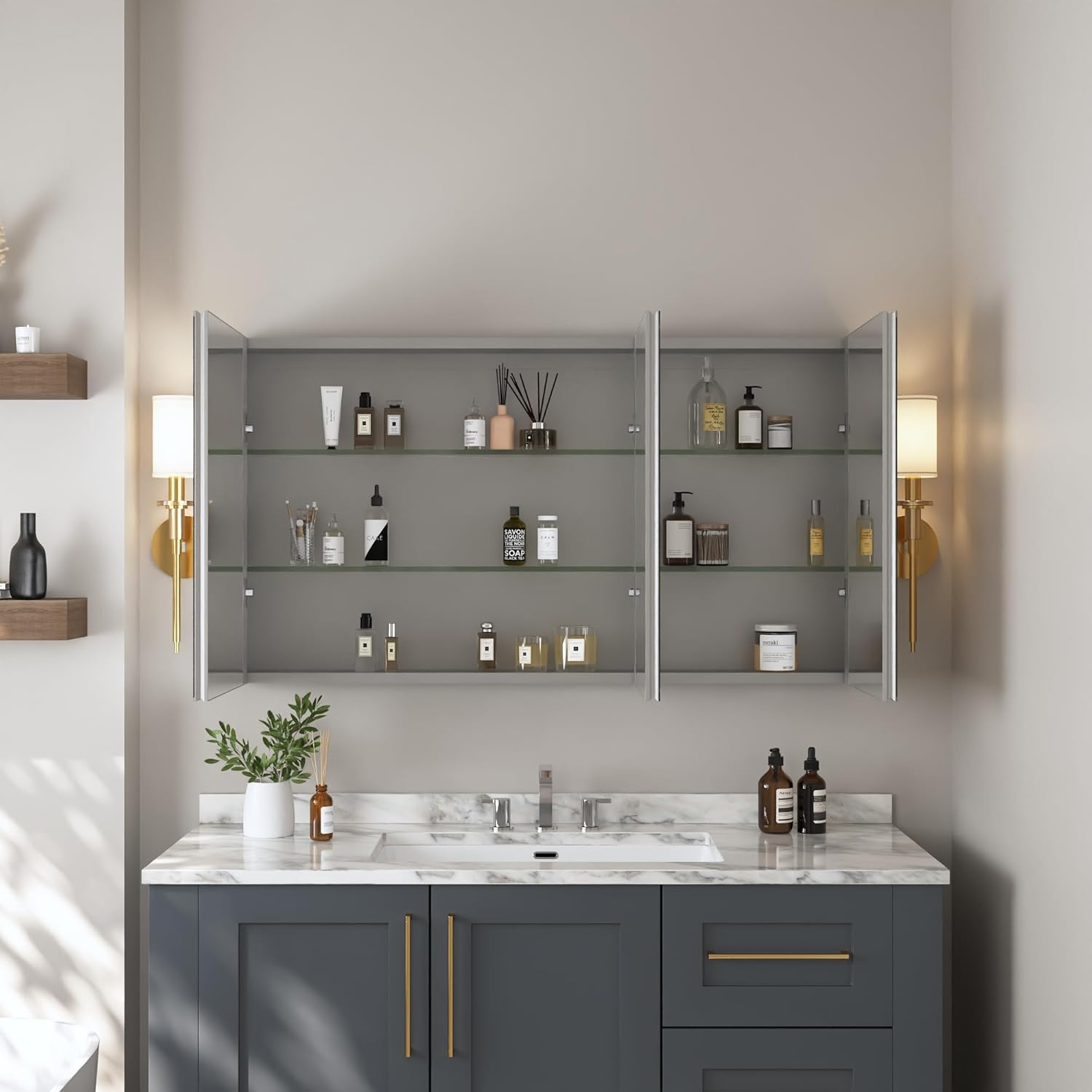 48 inch 3 Door Mirrored Medicine Cabinet with 2 Adjustable Shelves U406