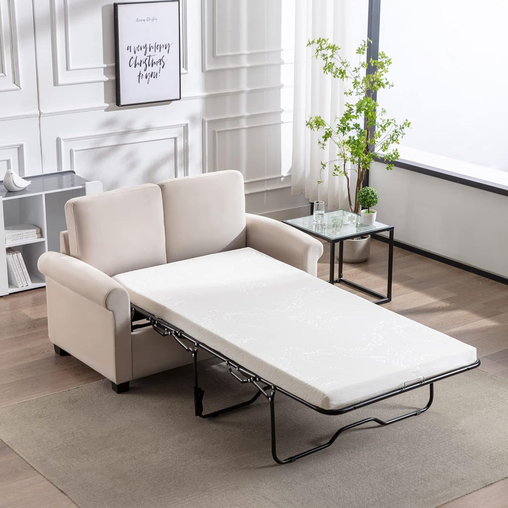 Beige White Pull Out Sofa Bed with Twin Size Mattress Pad W915