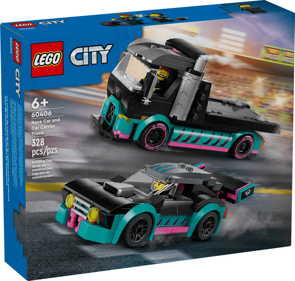 Race Car and Car Carrier Truck Toy Playset with Adjustable Loading Ramp and Race Car Toy M79333