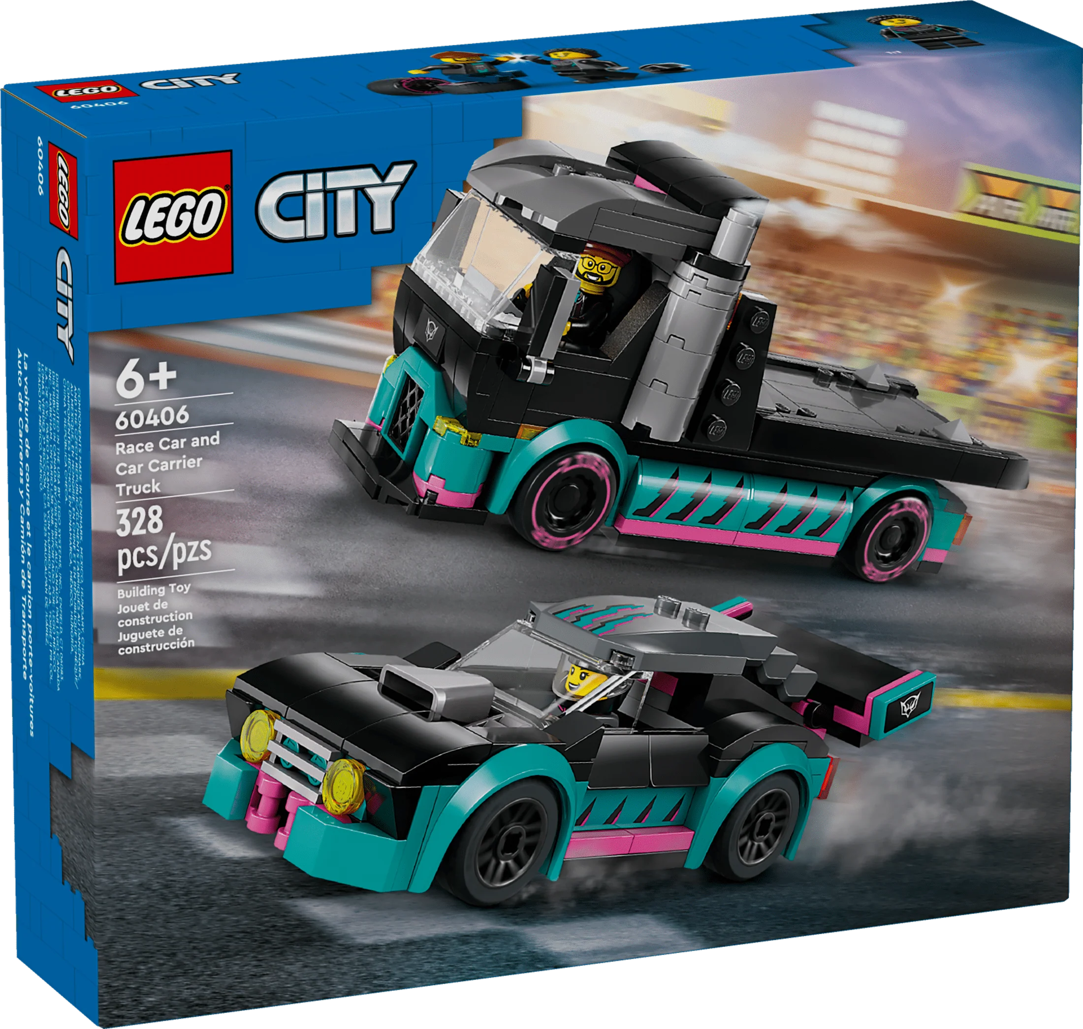 Race Car and Car Carrier Truck Toy Playset with Adjustable Loading Ramp and Race Car Toy M79333