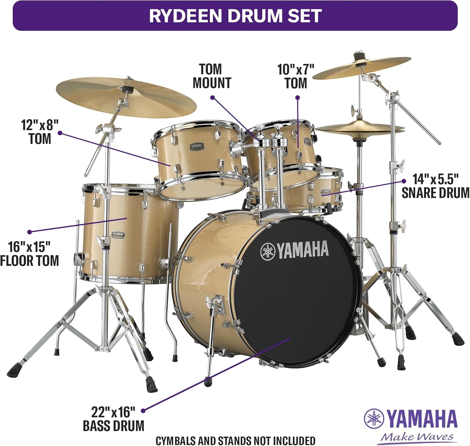 5-Piece Drum Set With 22" Bass Drum, Floor Tom, 2 Toms And Wood Snare Drum, Champagne Glitter V207794