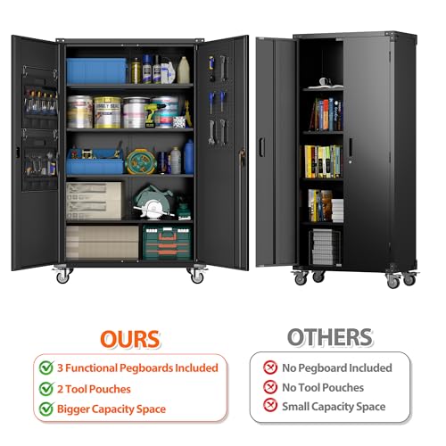 Black 72" H Locking Metal Storage Cabinet with Wheels and Pegboard U772547