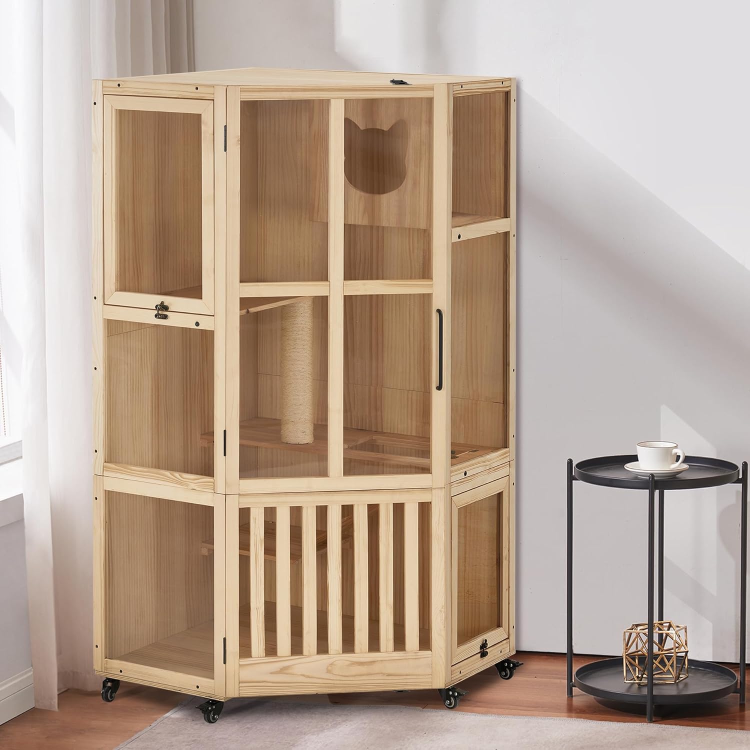 Large Wooden Corner Cat House with Scratching Post and Wheels T72024