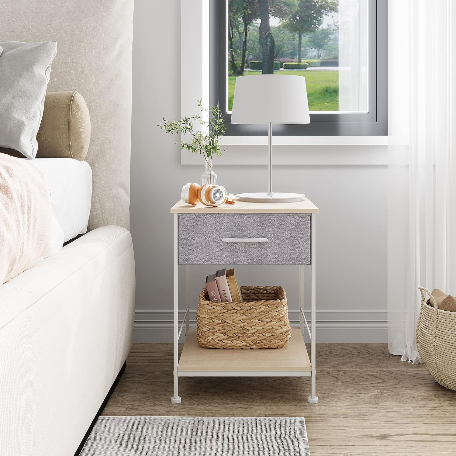 1-Drawer Nightstand and 5-Drawer Dresser Set with Fabric Bins, Steel Frame F2737
